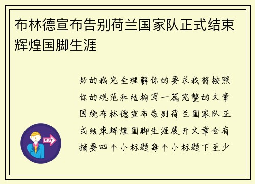 布林德宣布告别荷兰国家队正式结束辉煌国脚生涯 布林德宣布告别荷兰国家队正式结束辉煌国脚生涯